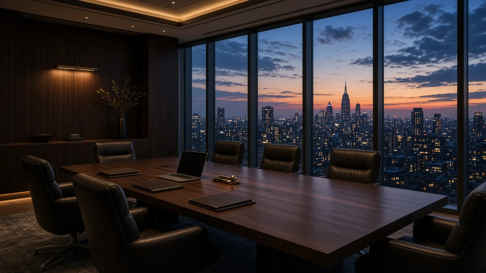 Boardroom with a long conference table overlooking a city skyline at dusk